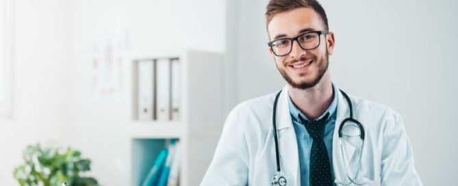 young male doctor smiling at his desk